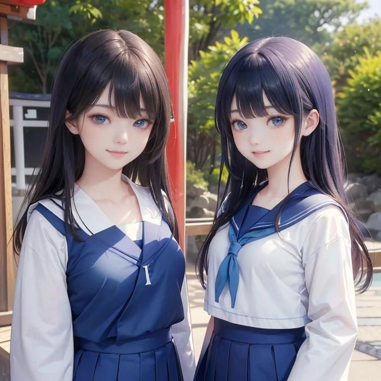 best quality, masterpiece, 

Three Japanese-high-school-girls, 

looking straight ahead and striking a gutsy pose are standing (separately:1.4), side by side, 

wearing  a short-sleeved Japanese-blue-high-school-sailor-suit,

(Japanese-blue-high-school-uniform:1.7),

 Reddish bow tie, with a school bag, 

((too much smile)), very cute, face, head and waist fully visible, (soft eyes:1.2)

upper arms hidden by clothes and hair,(innocent and pure high-school-girls:1.7)

,(The image shows only the upper body:1.7)

 (only one well-shaped beautiful mount Fuji:1.2), (shrine:1.2), summer(season) ,(outdoors:1.5),