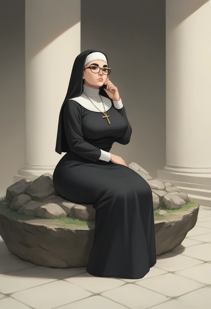 haughty, rustic, absurd, mature woman, brown eyes, thick eyebrows, bald, large breasts, wide hips, Shaolin nun, serious gaze, meditative face, adjusting glasses to her face, sitting on a rock with an old book in her hands, in the garden of a monastery, action anime, cinematic, dramatic, medium close-up,