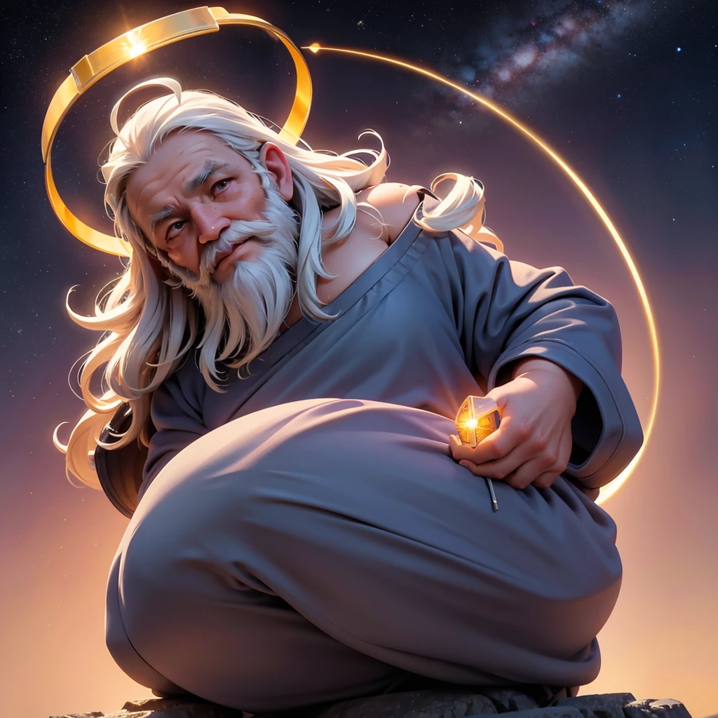 A wise old man, long beard, a halo of cosmic energy over your head, sitting in a meditation position, looking directly at camera, cosmic scenery exhausting divine energy across the universe