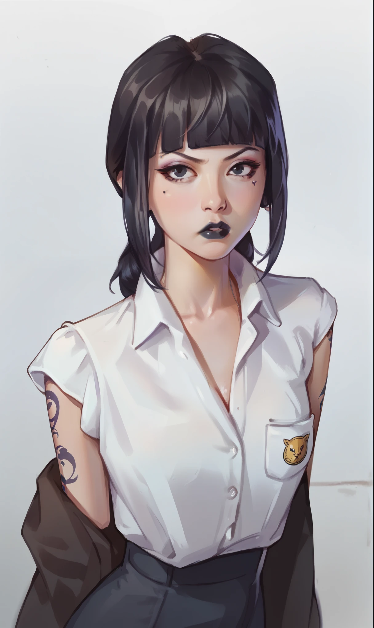 score_9, score_8_up, score_7_up, 1girl, simplified background, Asian, mafia business outfit, , sunny, lovely, hime cut hair, scowl, black lips, black eyes, tattoos
