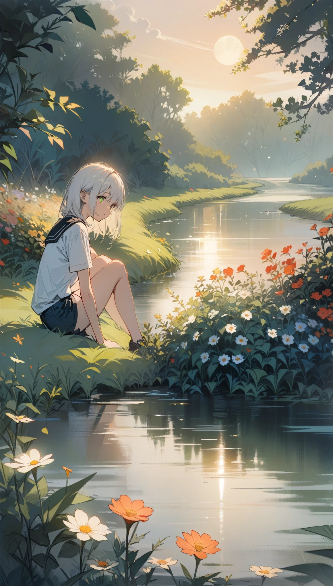 (masterpiece, Top quality), A girl with long white hair sits in a field of green plants and flowers, Warm moonlight, Blurred foreground, Change, River bank, shorts, Strange eyes