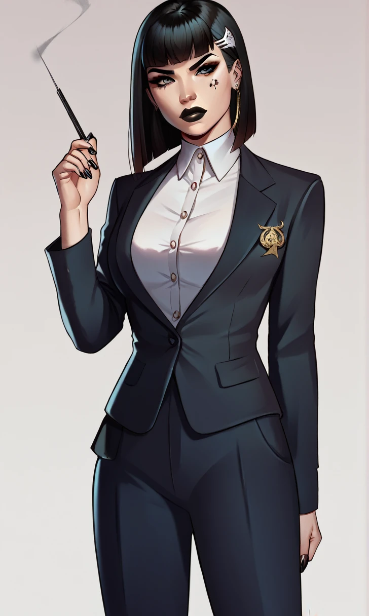 score_9, score_8_up, score_7_up, 1girl, simplified background, Asian, mafia business outfit, , sunny, lovely, hime cut hair, scowl, black lips, black eyes, tattoos
