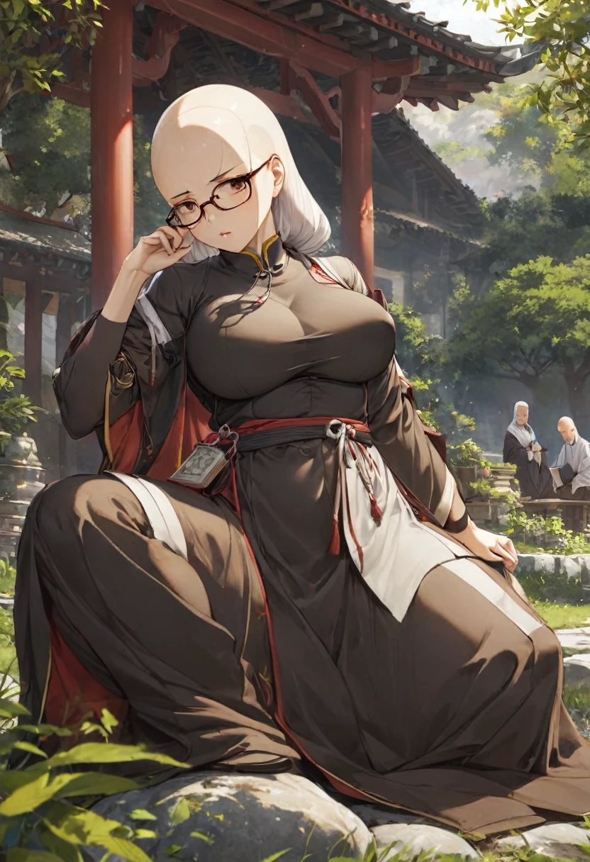 haughty, rustic, absurd, mature woman, brown eyes, thick eyebrows, bald, large breasts, wide hips, Shaolin nun, serious gaze, meditative face, adjusting glasses to her face, sitting on a rock with an old book in her hands, in the garden of a monastery, action anime, cinematic, dramatic, medium close-up,