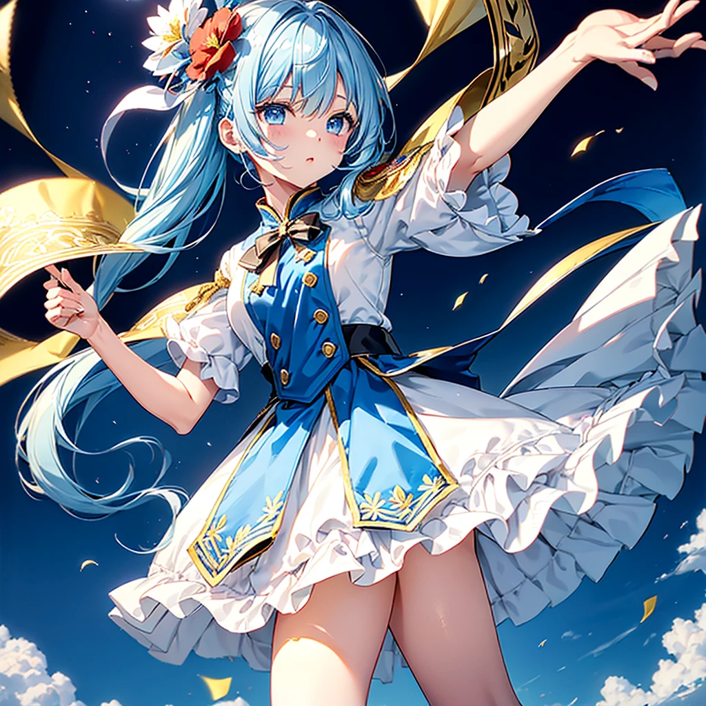 One girl、Dynamic configuration、marching band、(((masterpiece、Highest quality、Official Art、Very detailed、Handsome face、Dynamic configuration)))、Anime Style、(Milky white and blue hair:1.3),(blue eyes:1.4),(Bright colors:1.4),((麻の葉background:1.3)),, marching bandのユニフォームを着たクールな女の子, marching bandの帽子、mini skirt, Frills, Two hands holding a black and white gold embroidered flag,（background:Large red flag and gold flower embroidery on the back, Note, )、euphonium、Giant Flag、