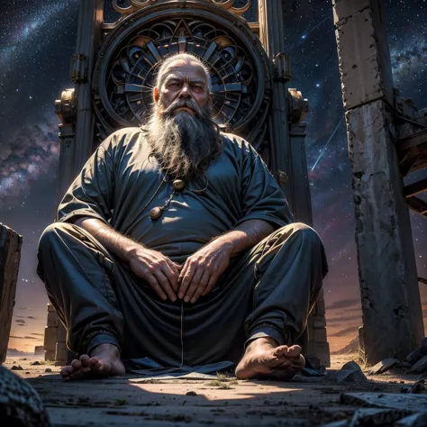 a wise old man, long beard, sitting in a meditation position, looking directly at camera, cosmic scenery exhausting divine energ...