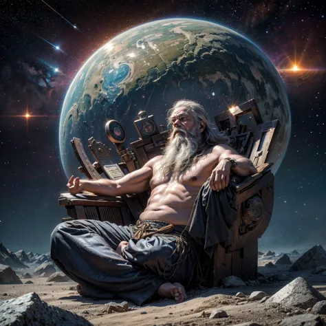 A wise old man, long beard, sitting in a meditation position, looking directly at camera, cosmic scenery exhausting divine energ...