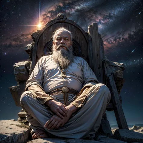 A wise old man, long beard, sitting in a meditation position, looking directly at camera, cosmic scenery exhausting divine energ...