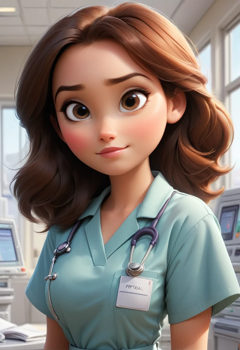 (disney pixar style:1.2) (cute adorable girl:1.15) (adult age 20:1.15)  brunette, hazel eyes, wearing modern medical scrubs, huge breasts, cleavage, hospital nametag, standing in a bright sunny hospital wing  (extreme far shot, full body, zoomed out:1.1)