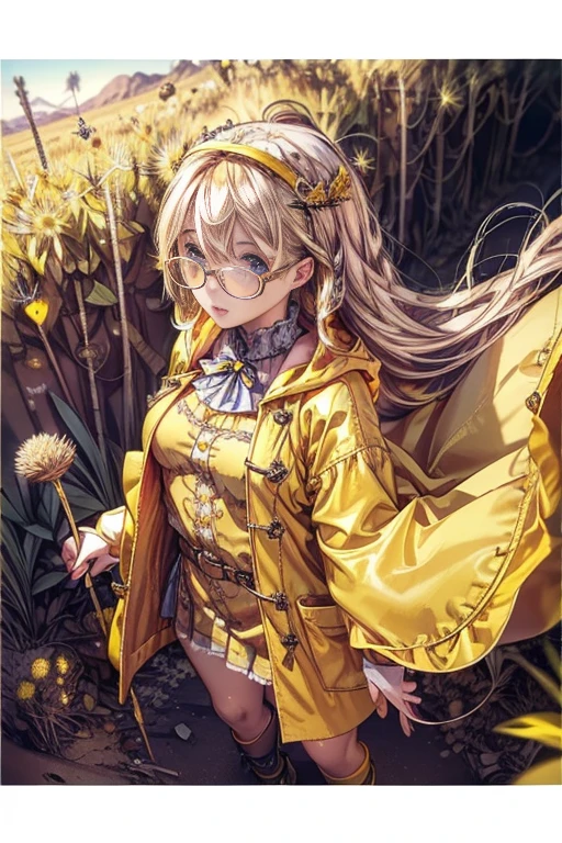 (Top quality, ultra-high resolution, ultra-high definition, realistic masterpiece, (highly detailed CG illustration: 1.2) A girl, a miniature cute beauty with glasses, a huge dandelion-like blonde afro, blue eyes, (yellow glasses,) (red long coat) fluttering in the wind, standing on a desert hill