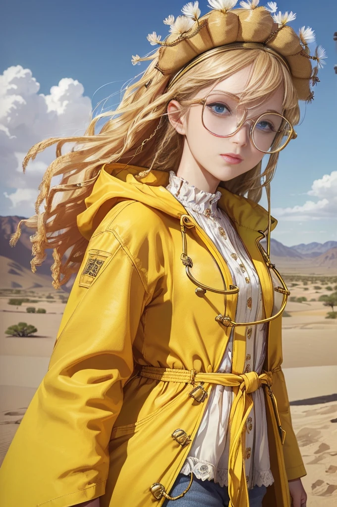 (Top quality, ultra-high resolution, ultra-high definition, realistic masterpiece, (highly detailed CG illustration: 1.2) A girl, a miniature cute beauty with glasses, a huge dandelion-like blonde afro, blue eyes, (yellow glasses,) (red long coat) fluttering in the wind, standing on a desert hill