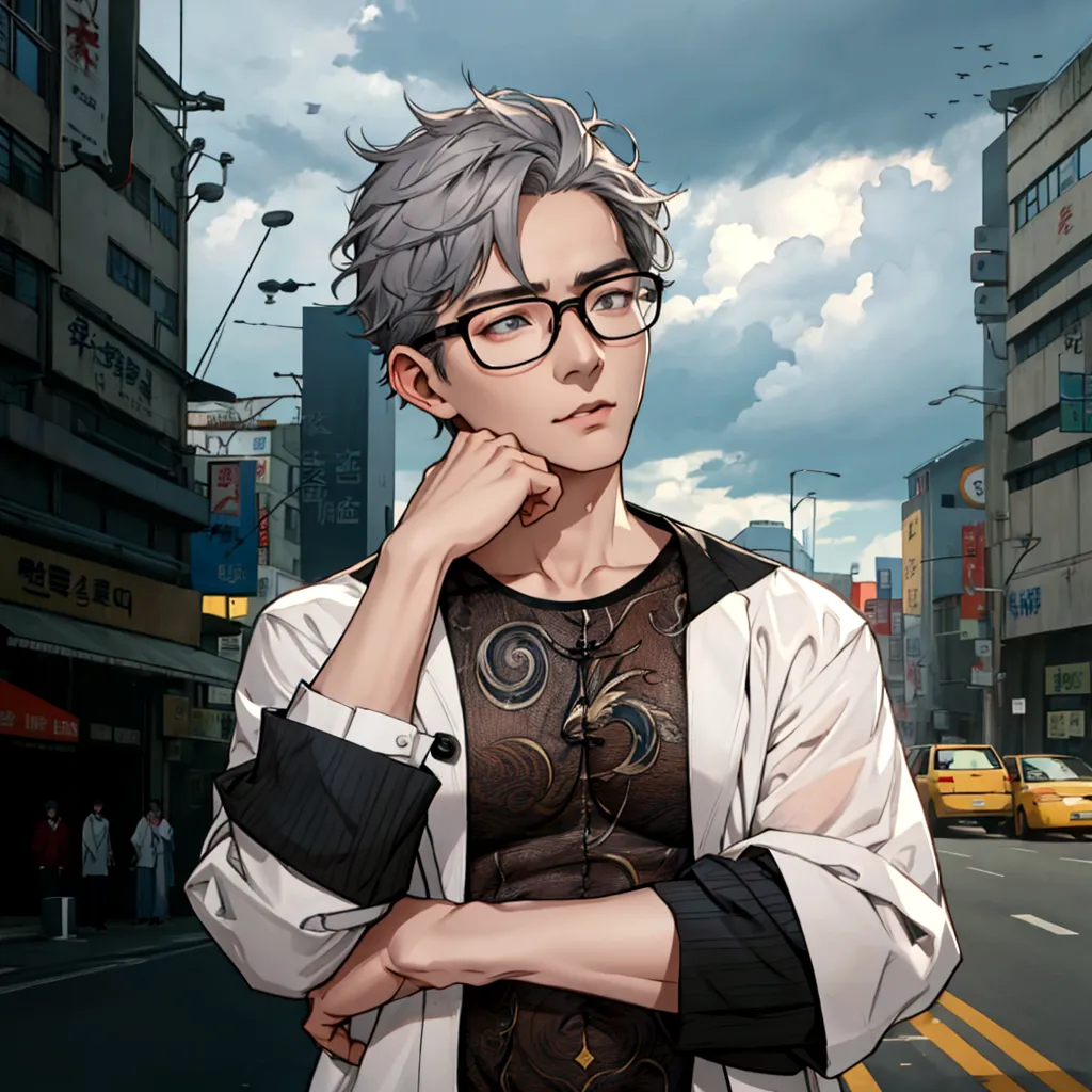 50 years old、a man wearing glasses is standing in the middle of the road, cai xukun, bad ulzzang, wearing thin large round glass...