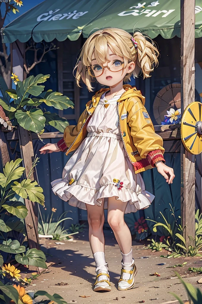 (Top quality, ultra-high resolution, ultra-high definition, realistic masterpiece, (highly detailed CG illustration: 1.2) A girl, a miniature cute beauty with glasses, a huge dandelion-like blonde afro, blue eyes, (yellow glasses,) (red long coat) fluttering in the wind, standing on a desert hill