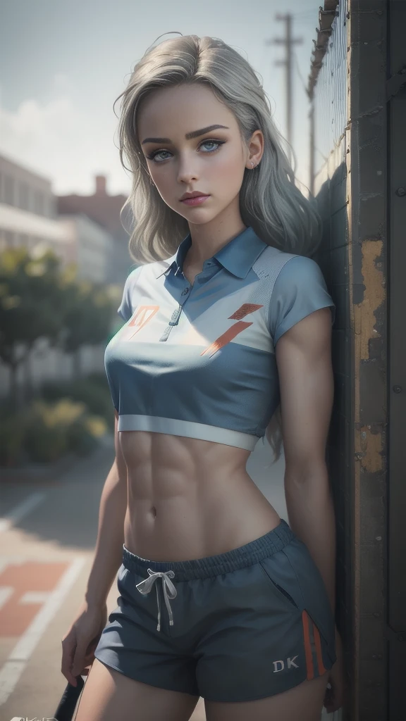 (best quality, masterpiece:1.4), Swedish college girl, tennis outfit, tight, pink shorts, white polo shirt, medium hair, ((slim, petite)), beautiful and mature, silver hair, sky blue eyes, photorealistic, photo, closed mouth, abs, toned, realistic, realism, photorealism, Kahili, AmberHeard, eye focus, high contrast, photorealistic digital art trending on Artstation 8k HD high definition detailed realistic, detailed, skin texture, hyper-detailed, realistic skin texture, armature, (photorealistic:1.4), ultra high resolution, detailed, raw photo, sharp image, by lee jeffries nikon d850 film stock photograph 4 kodak portra 400 camera f1.6 lens rich colors hyper-realistic lifelike texture dramatic lighting unrealengine trending on artstation cinestill 800