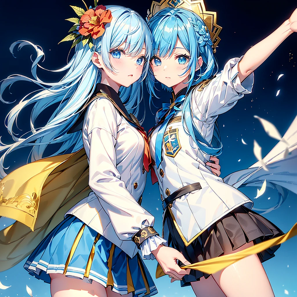 One girl、Dynamic configuration、marching band、(((masterpiece、Highest quality、Official Art、Very detailed、Handsome face、Dynamic configuration)))、Anime Style、(Milky white and blue hair:1.3),(blue eyes:1.4),(Bright colors:1.4),((麻の葉background:1.3)),, marching bandのユニフォーム, marching bandの帽子、mini skirt, Frills, Two hands holding a black and white gold embroidered flag,（background:Large red flag and gold flower embroidery on the back, Note, )、Giant Flag、旗をbackgroundにかっこいい構図