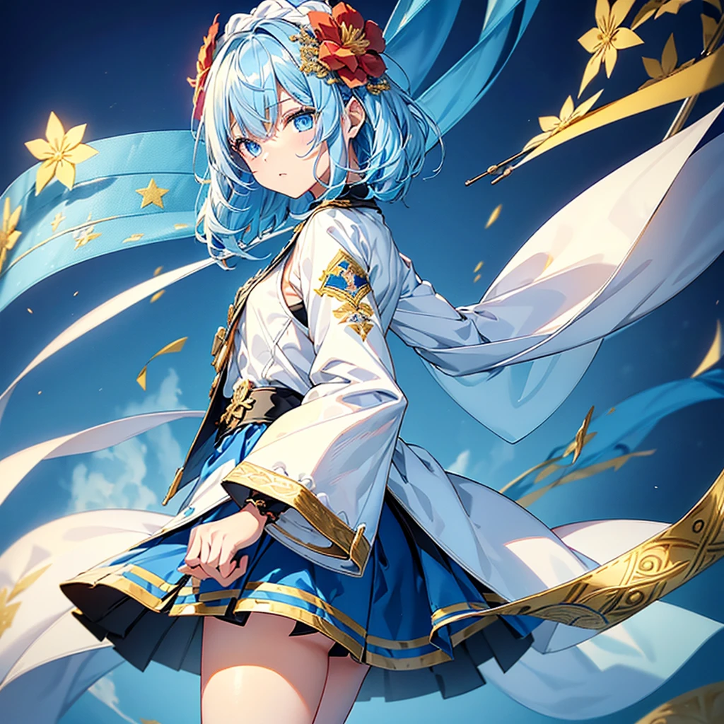 One girl、Dynamic configuration、marching band、(((masterpiece、Highest quality、Official Art、Very detailed、Handsome face、Dynamic configuration)))、Anime Style、(Milky white and blue hair:1.3),(blue eyes:1.4),(Bright colors:1.4),((麻の葉background:1.3)),, marching bandのユニフォーム, marching bandの帽子、mini skirt, Frills, Two hands holding a black and white gold embroidered flag,（background:Large red flag and gold flower embroidery on the back, Note, )、Giant Flag、旗をbackgroundにかっこいい構図