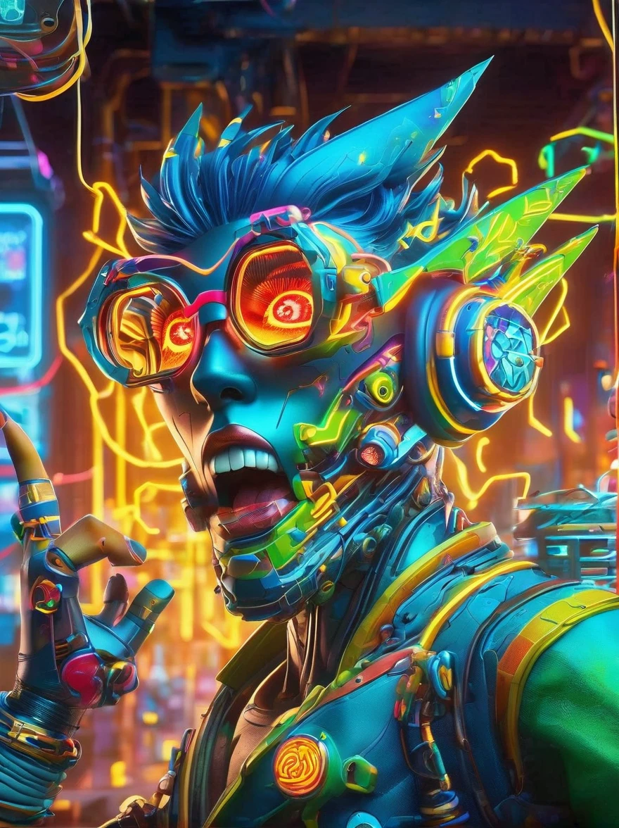 beste Qualität, Meisterwerk, 3D, Pixar-Kunstwerk, Elektronische Varianten, (Mechanischer Cartoon-Zombie mit herzförmiger Brille in einer Fabrik:1.5)，((Brillenfokus))，in einer dynamischen Tanzpose in einer farbenfrohen virtuellen Realität voller Neonlichter und lebendiger Hologramme, Die Szene trägt die Einflüsse sowohl der Pop-Art als auch der Graffiti, ein wahrhaft Cyberpunk-inspiriertes Ensemble mit explosiver Energie, erstellt mit digitalen Malmethoden und strahlenden, Leuchteffekte