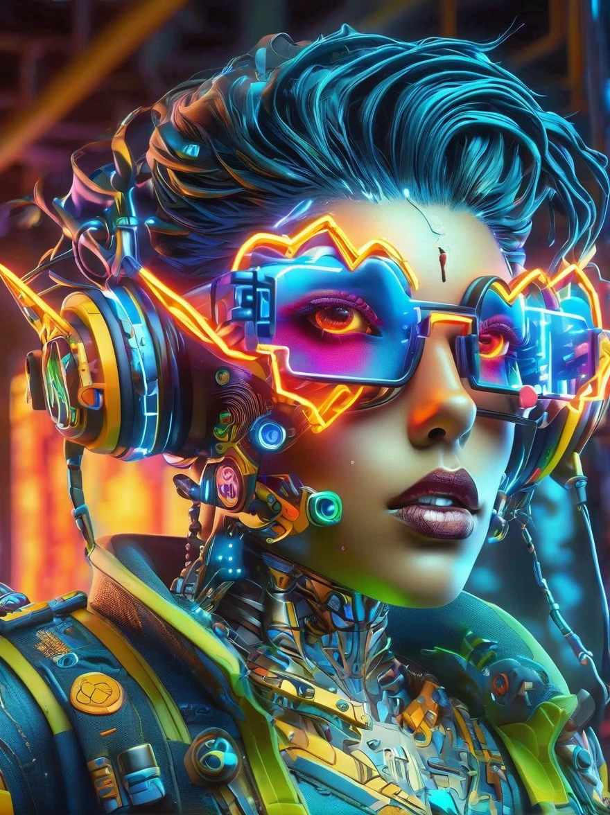 melhor qualidade, Obra de arte, 3d, Arte da Pixar, Variantes eletrônicas, (Zumbi mecânico de desenho animado usando óculos em forma de coração em uma fábrica:1.5)，((Foco de óculos))，em uma pose de dança dinâmica em um mundo colorido de realidade virtual repleto de luzes neon e hologramas vibrantes, A cena traz influências da pop art e do graffiti, um conjunto verdadeiramente inspirado no cyberpunk com energia explosiva, criado usando métodos de pintura digital e radiante, efeitos brilhantes