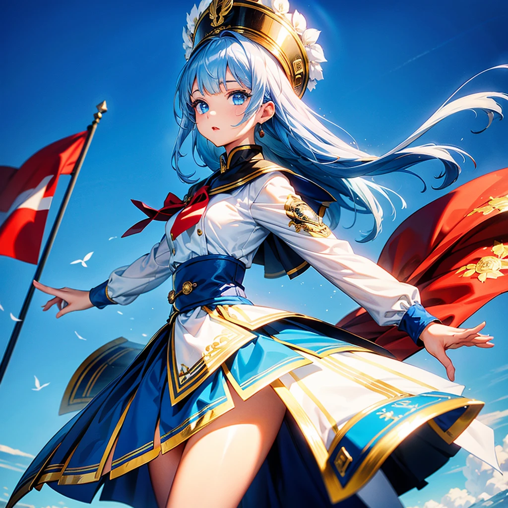 One girl、Dynamic configuration、marching band、(((masterpiece、Highest quality、Official Art、Very detailed、Handsome face、Dynamic configuration)))、Anime Style、(Milky white and blue hair:1.3),(blue eyes:1.4),(Bright colors:1.4),((麻の葉background:1.3)),, marching bandのユニフォーム, marching bandの帽子、mini skirt, Frills, Two hands holding a black and white gold embroidered flag,（background:Large red flag and gold flower embroidery on the back, Note, )、Giant Flag、旗をbackgroundにかっこいい構図