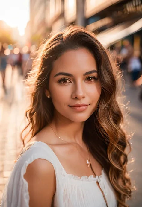 portrait of a young brazilian woman in the heart of the busy city during golden hour using a dslr with 85mm prime lens, aiming f...