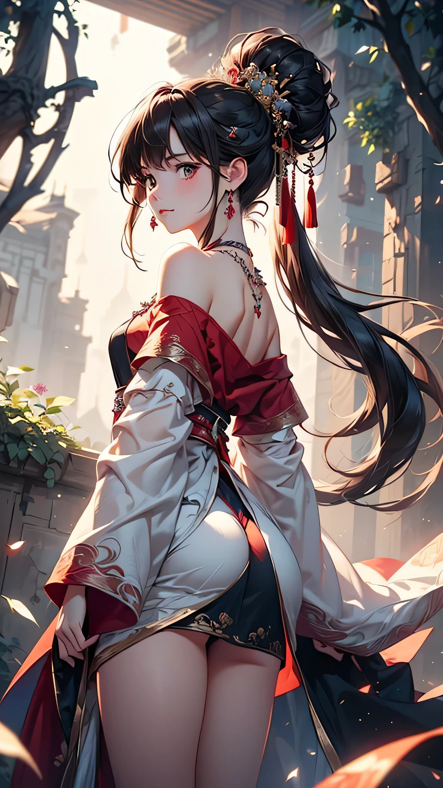 (masterpiece:1.5, Highest quality, Very detailed、 Dutch Angle、Semi-Realistic、Fantasy)(One girl, alone)(White and beautiful hair:1.4,,Straight Long Hair)(Wearing Han clothes, Royalty、White and red Hanfu:1.6,Thick fabric,Long sleeve)、((Off the shoulder、Medium Chest、ruby ​​necklace))(From behind：1.4,The buttocks are slightly visible、Legs wrapped in tights)(Cherry tree、dead tree、Mystical Night、Particles of light float around the woman、Space for fantasy)
