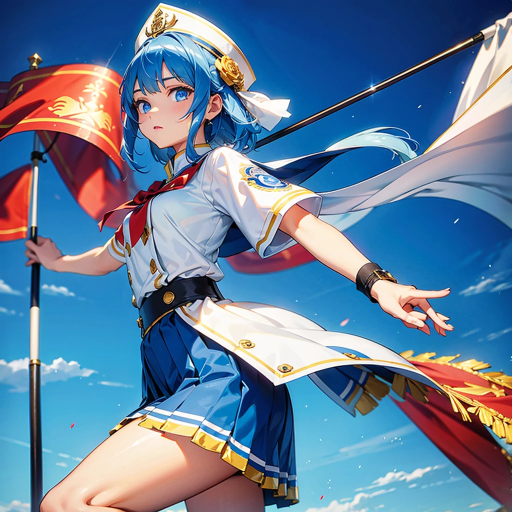 One girl、Dynamic configuration、marching band、(((masterpiece、Highest quality、Official Art、Very detailed、Handsome face、Dynamic configuration)))、Anime Style、(Milky white and blue hair:1.3),(blue eyes:1.4),(Bright colors:1.4),((麻の葉background:1.3)),, marching bandのユニフォーム, marching bandの帽子、mini skirt, Frills, Two hands holding a black and white gold embroidered flag,（background:Large red flag and gold flower embroidery on the back, Note, )、Giant Flag、旗をbackgroundにかっこいい構図