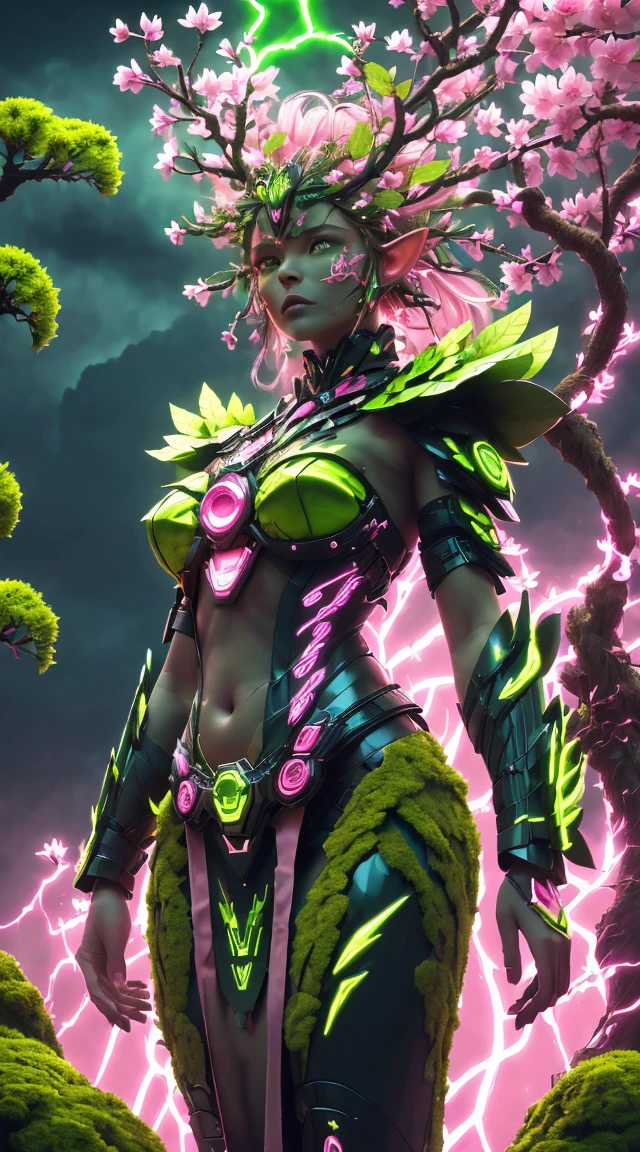 A woman in a green and pink outfit standing in front of a tree Plant Maiden，metal leaf，Wired branch，glowing light eyeechanical bark，bark covered with moss，tribe outfit，majestic figure，(ancient tribal markings)，Control the tendrils extending from the arms，Neon lights dance on the body，(Lightning around branches and leaves)，(peach blossom)，The petals are soft and delicate，vibrant with colors，(A harmonious blend of green and pink)，(Ominous dark clouds in the sky)，Night atmosphere，A futuristic，Vibrant colors and high-contrast lighting，Dramatic shadows and highlights.(Best quality at best, 4K, 8K, tmasterpiece: 1.2), (actual, photograph realistic, photograph realistic: 1.37)