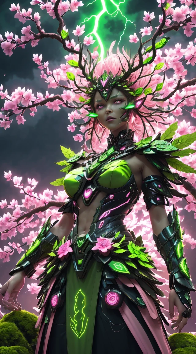 A woman in a green and pink outfit standing in front of a tree Plant Maiden，metal leaf，Wired branch，glowing light eyeechanical bark，bark covered with moss，tribe outfit，majestic figure，(ancient tribal markings)，Control the tendrils extending from the arms，Neon lights dance on the body，(Lightning around branches and leaves)，(peach blossom)，The petals are soft and delicate，vibrant with colors，(A harmonious blend of green and pink)，(Ominous dark clouds in the sky)，Night atmosphere，A futuristic，Vibrant colors and high-contrast lighting，Dramatic shadows and highlights.(Best quality at best, 4K, 8K, tmasterpiece: 1.2), (actual, photograph realistic, photograph realistic: 1.37)