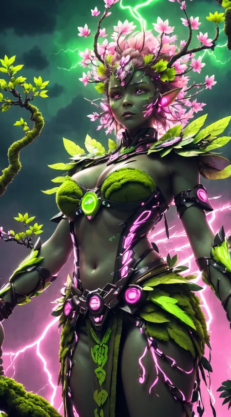 A woman in a green and pink outfit standing in front of a tree Plant Maiden，metal leaf，Wired branch，glowing light eyeechanical b...