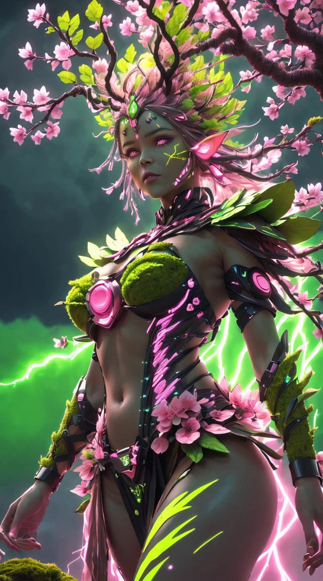 A woman in a green and pink outfit standing in front of a tree Plant Maiden，metal leaf，Wired branch，glowing light eyeechanical bark，bark covered with moss，tribe outfit，majestic figure，(ancient tribal markings)，Control the tendrils extending from the arms，Neon lights dance on the body，(Lightning around branches and leaves)，(peach blossom)，The petals are soft and delicate，vibrant with colors，(A harmonious blend of green and pink)，(Ominous dark clouds in the sky)，Night atmosphere，A futuristic，Vibrant colors and high-contrast lighting，Dramatic shadows and highlights.(Best quality at best, 4K, 8K, tmasterpiece: 1.2), (actual, photograph realistic, photograph realistic: 1.37)