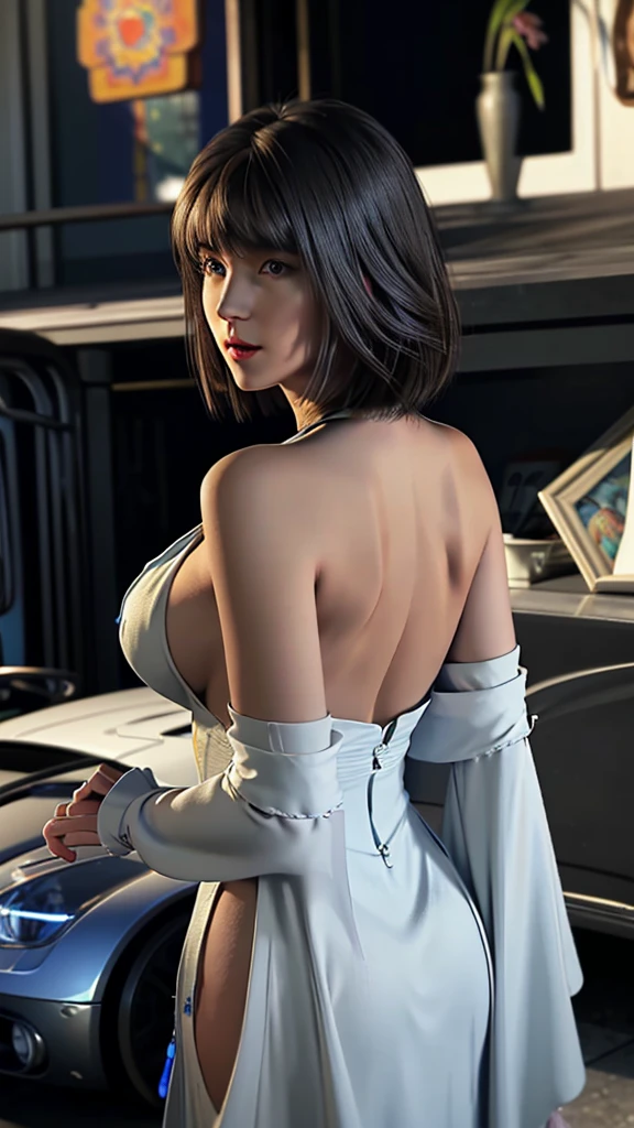 1 girl, alone, jewelry, collar, short hair,bob style haircut,Blue bead earrings, naked, naked, big buttocks, narrow waist,big breasts, Yuna FMX, ultra high resolution, Photo, Photorealistic, Very detailed, detailed face, from behind, Pretty woman alone, ephemeral beauty, fantastic sky, blue sky, White clouds, refreshing sky, flying soap bubbles, medium chest, (Masterpiece, high quality), look at the viewer, bob cut, shiny skin, attractive, Dreamer, ((thick upturned bangs, exquisite details. intricately detailed. seductive. . Oily skin
