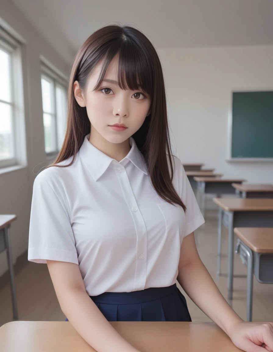  score_8_en haut, meilleure qualité, chef-d&#39;œuvre,oeil réaliste, gros seins, fille japonaise, , Salle de classe, Lycée, (chemise polo：1.4)