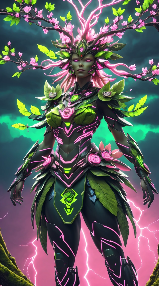 A woman in a green and pink outfit standing in front of a tree Plant Maiden，metal leaf，Wired branch，glowing light eyeechanical bark，bark covered with moss，tribe outfit，majestic figure，(ancient tribal markings)，Control the tendrils extending from the arms，Neon lights dance on the body，(Lightning around branches and leaves)，(peach blossom)，The petals are soft and delicate，vibrant with colors，(A harmonious blend of green and pink)，(Ominous dark clouds in the sky)，Night atmosphere，A futuristic，Vibrant colors and high-contrast lighting，Dramatic shadows and highlights.(Best quality at best, 4K, 8K, tmasterpiece: 1.2), (actual, photograph realistic, photograph realistic: 1.37)