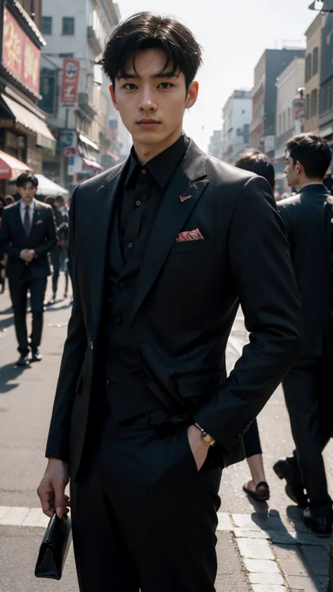 In this fascinating photo、The photo shows a handsome Korean man, 35 years old.、He is wearing a black suit and black sandals.、 He...