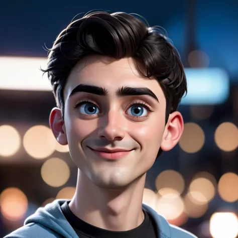 A 3D realistic cartoon-style caricature of a young man with an oval face, thin black eyebrows, small dark eyes, a small and slig...