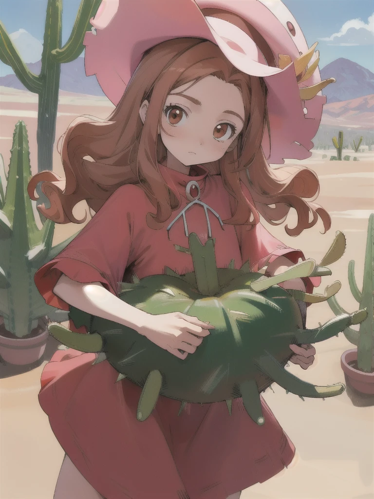 Best quality, masterpiece, high resolution, details, , digimon, mimidigi, outdoors, parted bangs, red dress, cowboy western, lively, parted bangs, long hair, brown hair, pink hat, curly hair, desert, cactus,