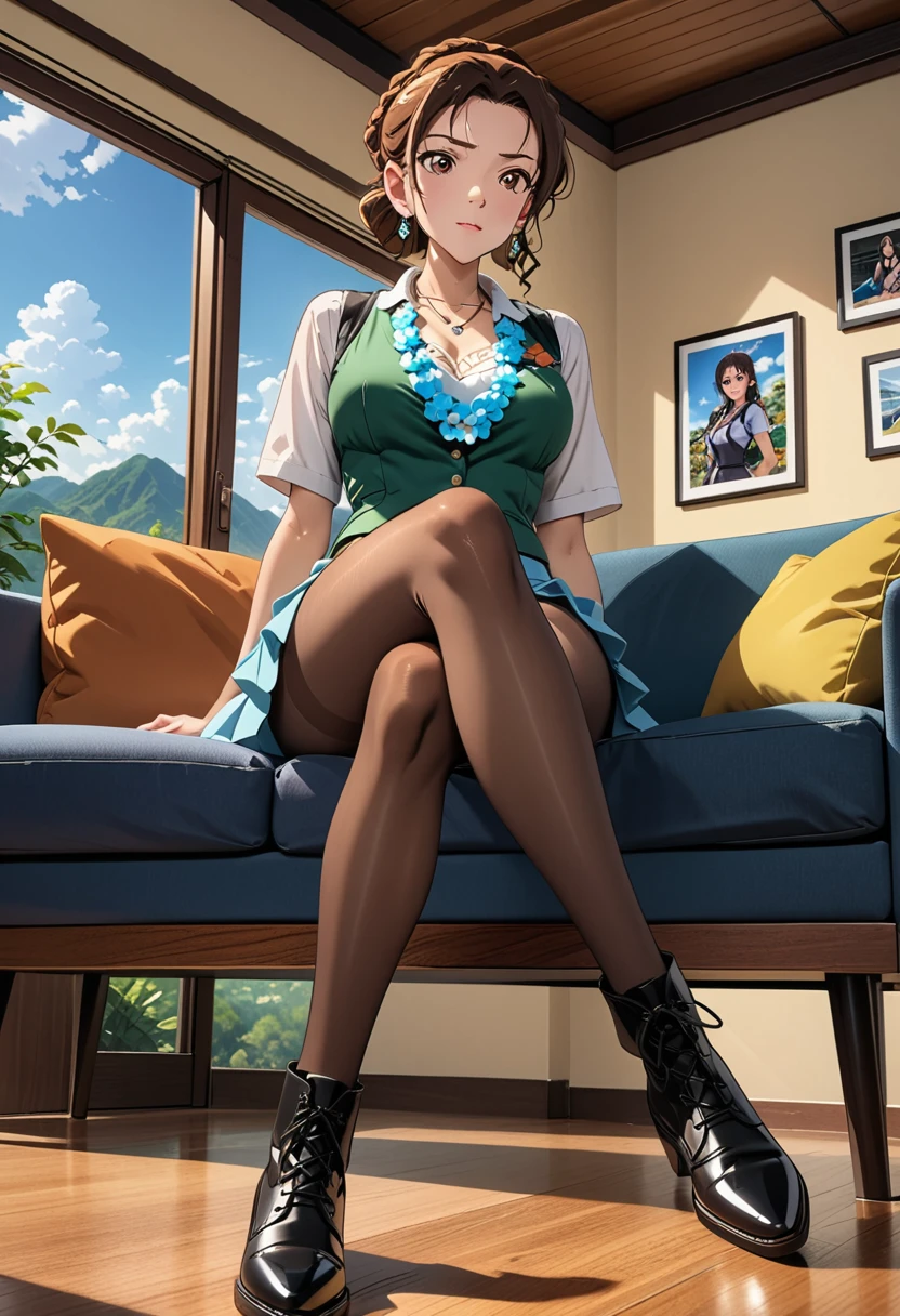 (masterpiece, best quality:1.2), ((Extremely detailed)), high resolution, Anime style , photo, photography, Detailed background,1. Beautiful woman Lei Dianming, (Pantyhose), boots,Cowboy shooting, Looking at the audience,A faint smile, earrings, skirt, Necklace, Vest, Cross your legs, From below, On the sofa, Windows, living room,Anime style，brown，glasses
