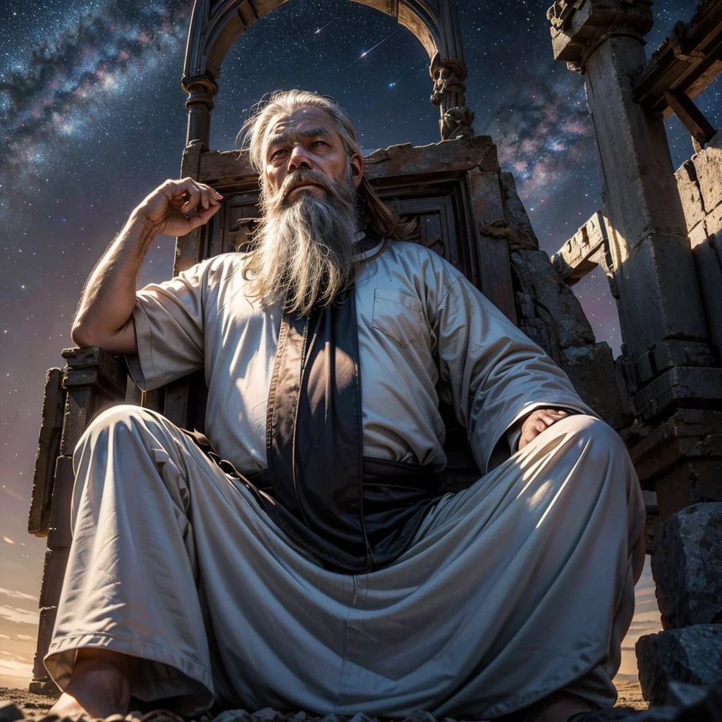 A wise old man, long beard, sitting in a meditation position, looking directly at camera, cosmic scenery exhausting divine energy across the universe