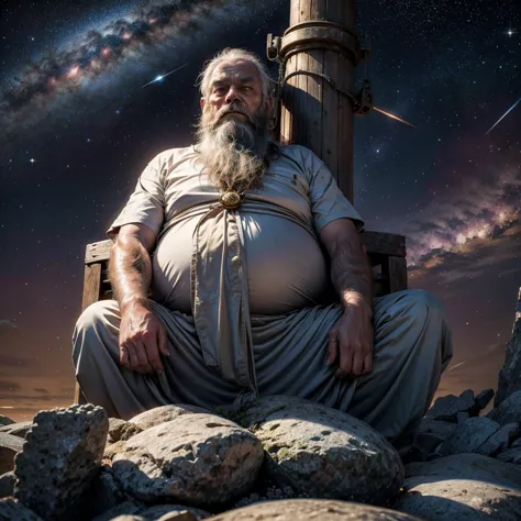 a wise old man, long beard, sitting in a meditation position, looking directly at camera, cosmic scenery exhausting divine energ...