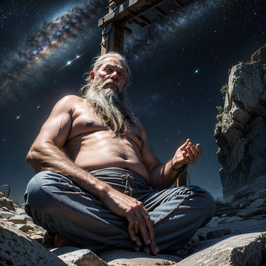 Ein weiser alter Mann, Langer Bart, in einer Meditationsposition sitzen, direkt in die Kamera schauen, kosmische Landschaft, die göttliche Energie im ganzen Universum verbraucht