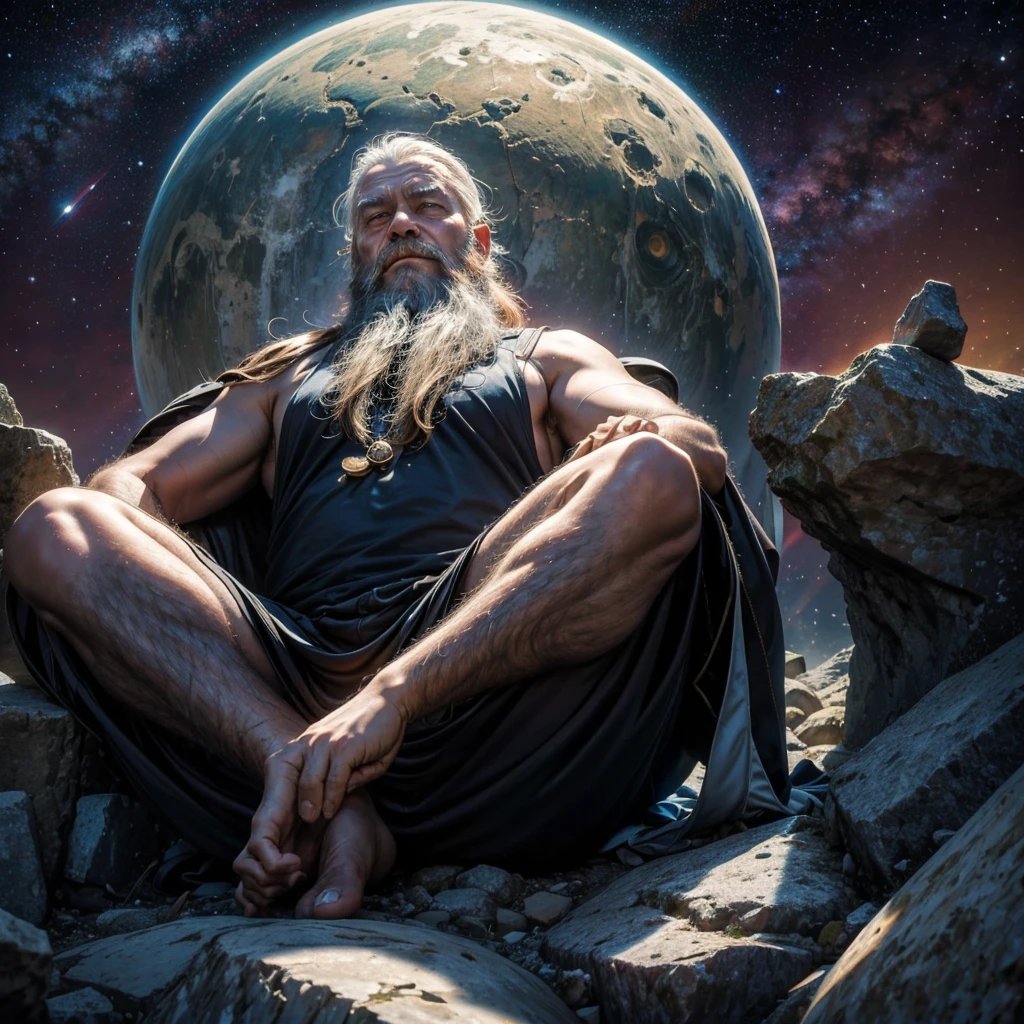 A wise old man, long beard, sitting in a meditation position, looking directly at camera, cosmic scenery exhausting divine energy across the universe