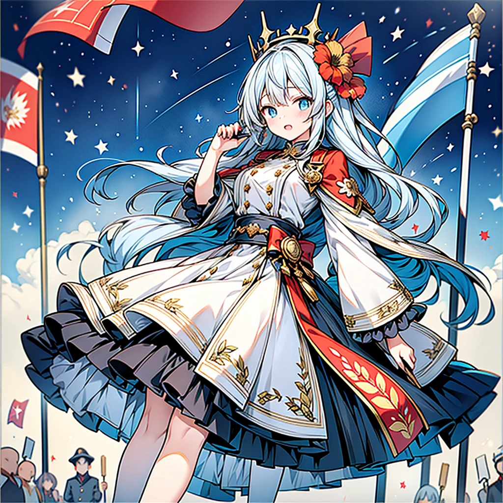 One girl、absurdes、The notes are arranged in a circle、Dynamic configuration、marching band、(((masterpiece、Highest quality、Official Art、Very detailed、Handsome face、Dynamic configuration)))、Anime Style、(Milky white and blue hair:1.3),(blue eyes:1.4),(Bright colors:1.4), marching bandのユニフォーム, marching band hat、mini skirt, Frills, Two hands holding a black and white gold embroidered flag,（background:Large red flag and gold flower embroidery on the back, Note, )、Giant Flag、A cool composition with a flag as the background、marching band、marching bandユニフォーム、