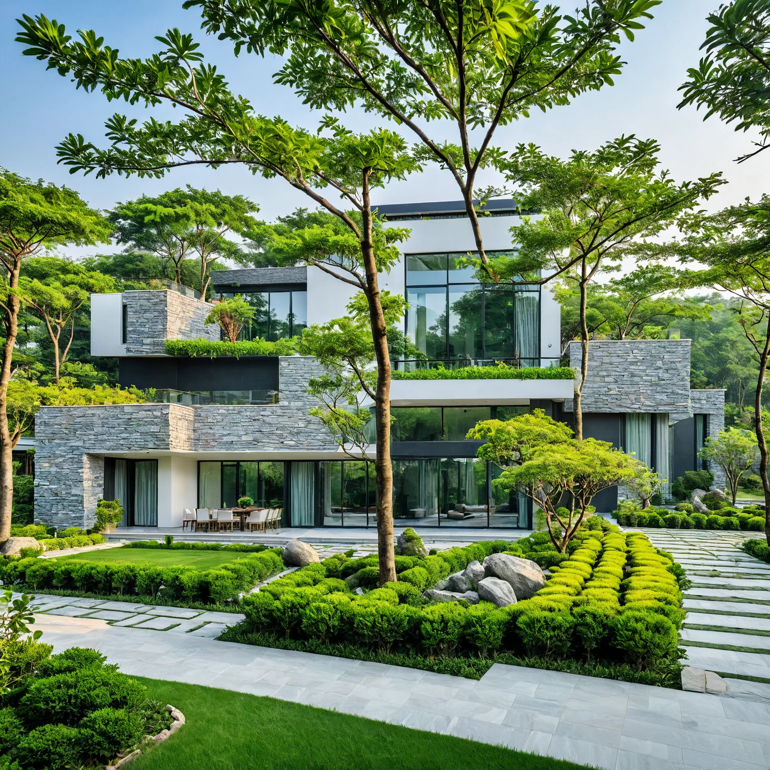 qlcd,tingyuan, photo of modern villa, grassland, garden, shrubs and trees, rock decoration, clear sky, sun light, realistic photo