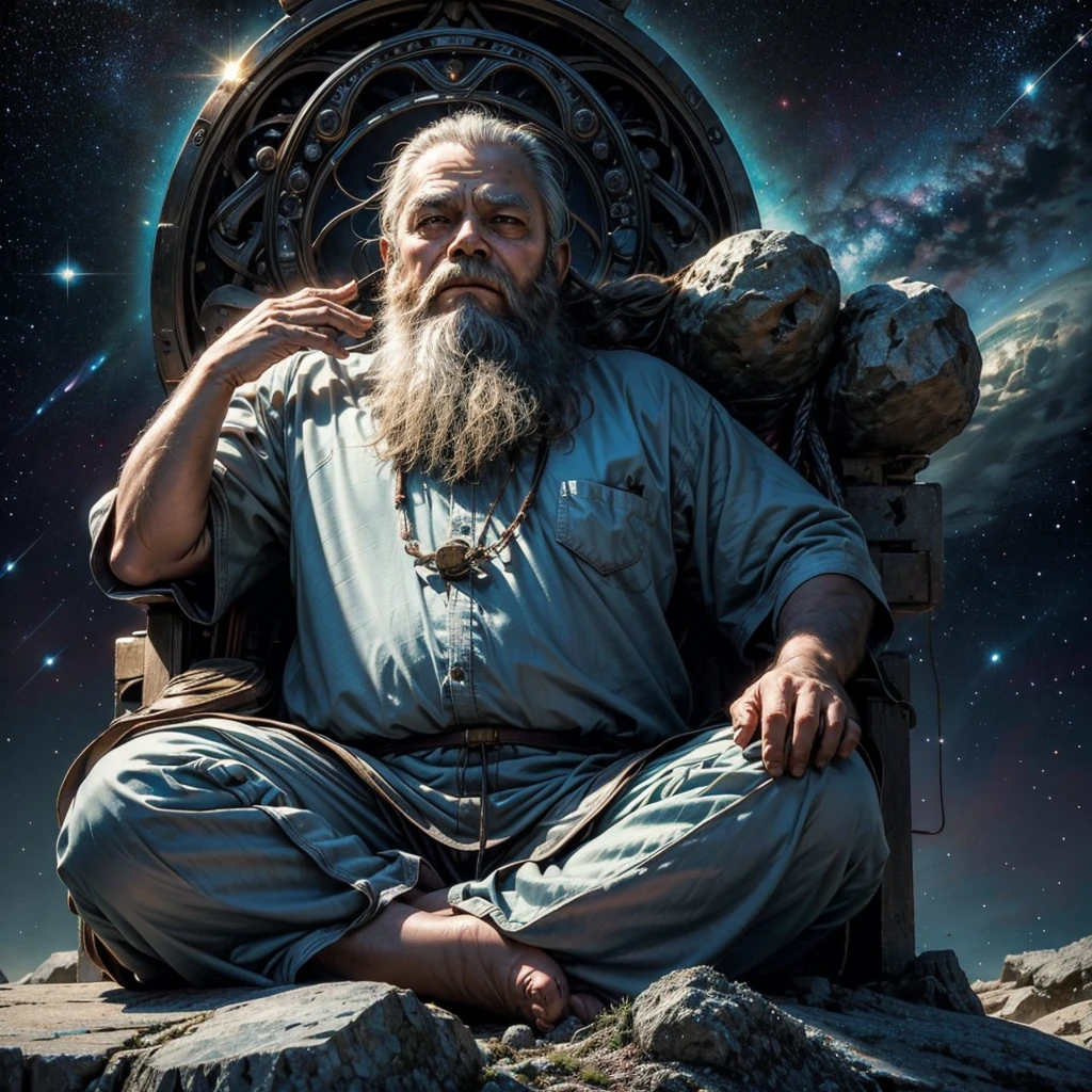 Front View, Close-up, A wise old man, long beard, sitting in a meditation position, looking directly at camera, cosmic scenery exhausting divine energy across the universe