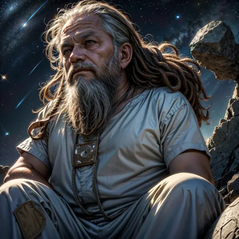 Front View, Close-up, A wise old man, long beard, sitting in a meditation position, looking directly at camera, cosmic scenery e...