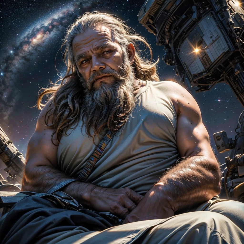 Front View, Close-up, A wise old man, long beard, sitting in a meditation position, looking directly at camera, cosmic scenery exhausting divine energy across the universe