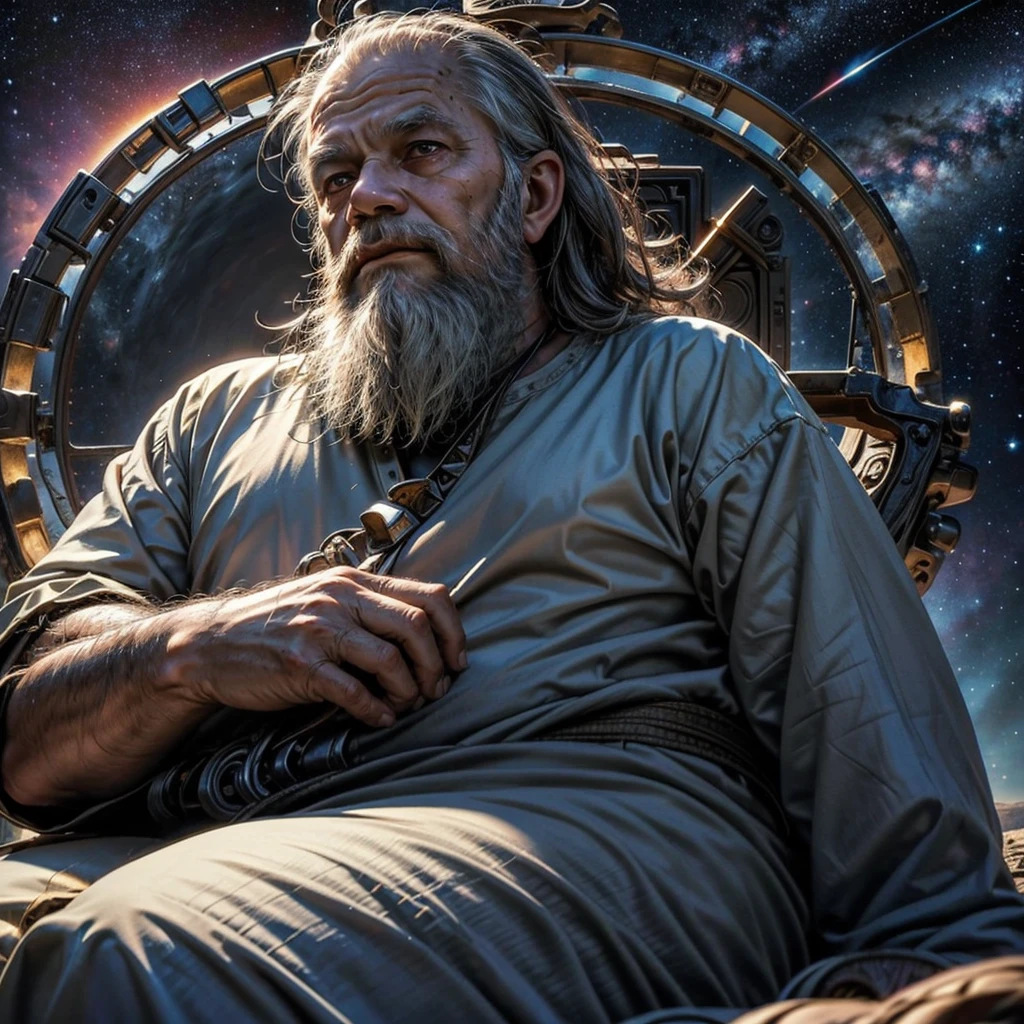 Front View, Close-up, A wise old man, long beard, sitting in a meditation position, looking directly at camera, cosmic scenery exhausting divine energy across the universe