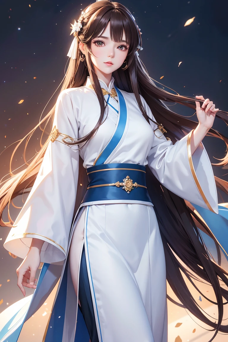 Masterpiece, Best quality, 1 Female, Mature Woman, Elder Sister, young girl, Royal Sister, brown eyes, long hair, smoky mix brown color hair, resolute eyes, white mix blue hanfu, long white eardrop, Chinese mix morden, frontal photo, blank background, remove background, anime, illustration