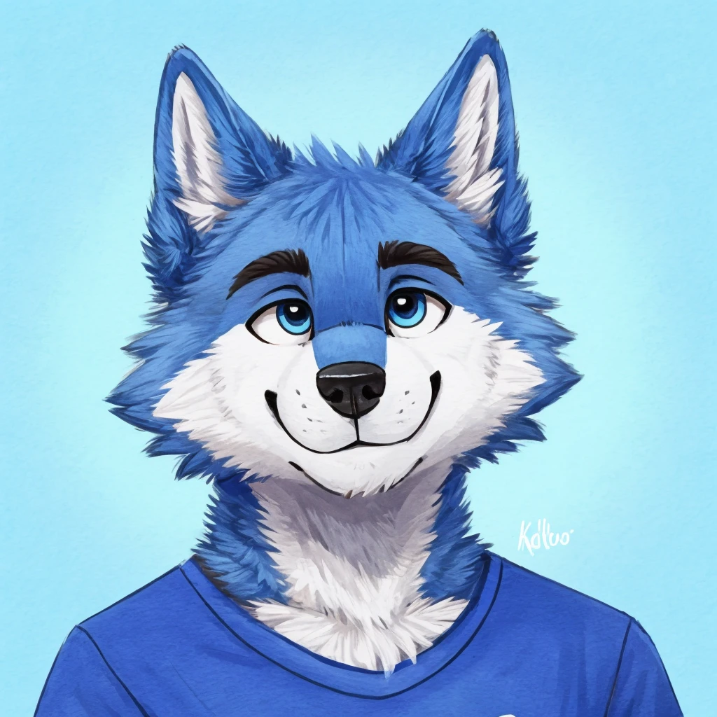 photo du visage of a cute and anthropomorphic blue colored fur, loup mignon, sourire fermé, il a un t-shirt, photo du visage, art à fourrure de haute qualité, fond mignon.