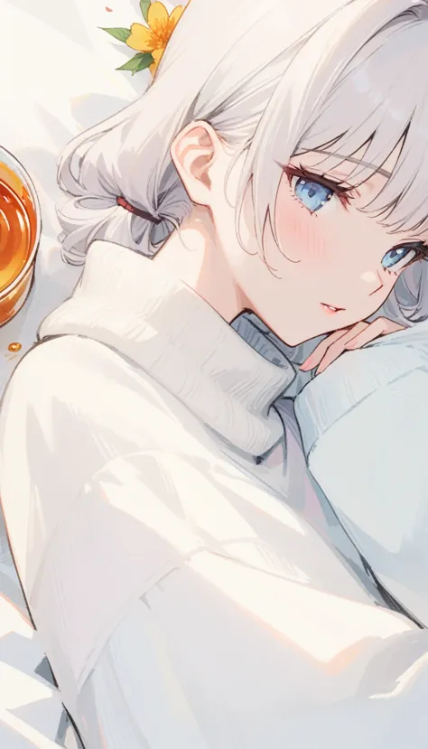 (最好of质量, masterpiece) high resolution illustrations：一个浑身沾满粘稠天然蜂蜜of小女孩, of, syrup, oversized sweaters, comfort, comfort, close up...