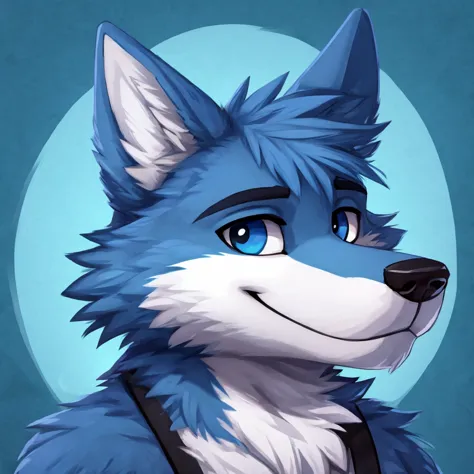 headshot of a cute and anthropomorphic blue colored fur wolf, closed smile, headshot, high quality furry art, cute background.